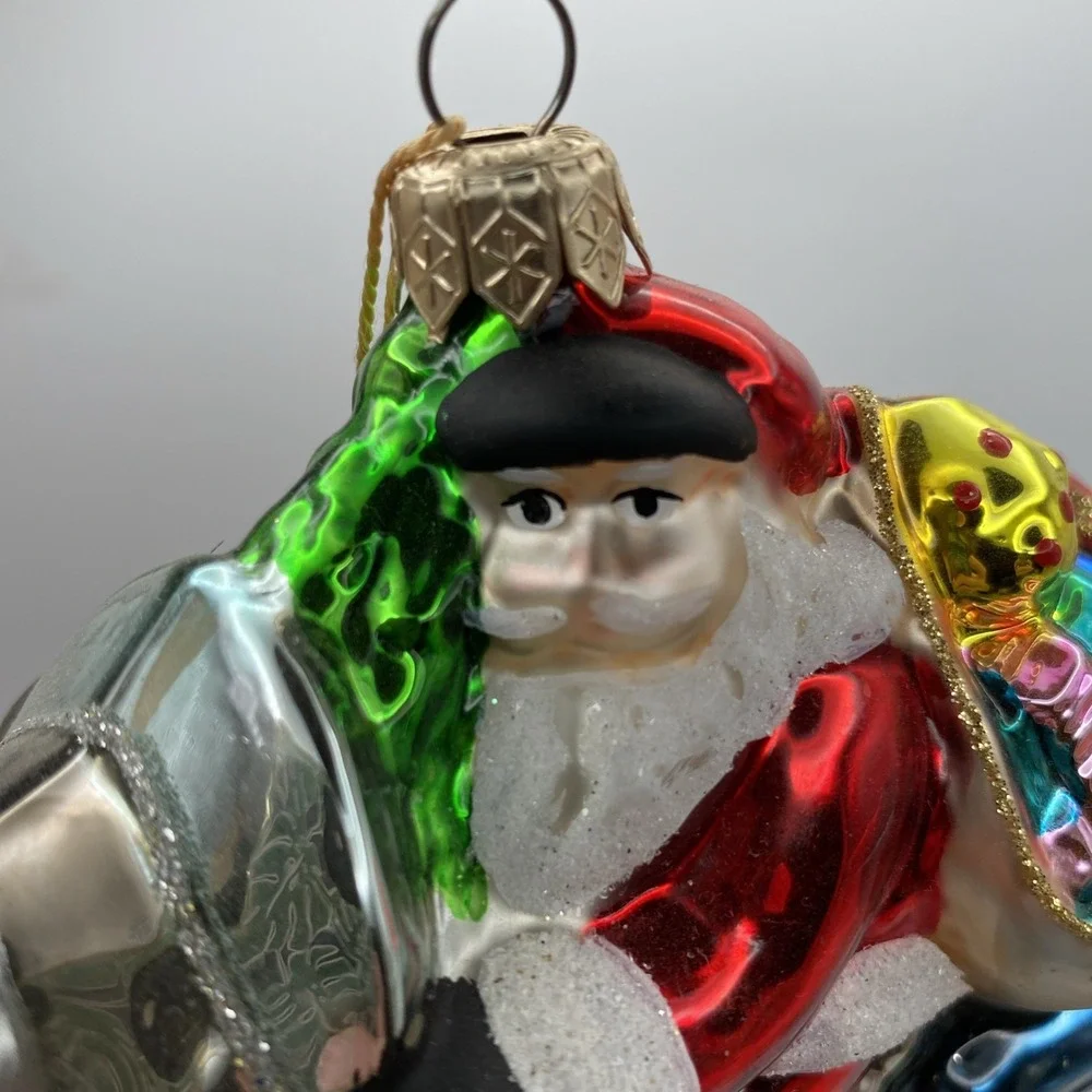 Kurt Adler Santa on Motorcycle Glass Christmas Ornament Blue Silver Red